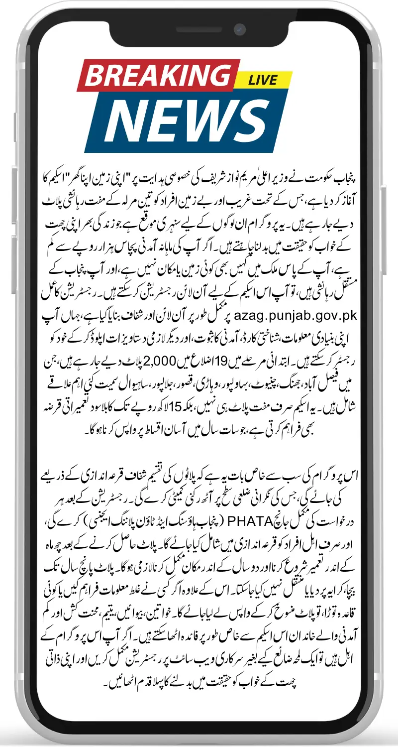 Apni Zameen Apna Ghar Program Officially Starts Online Registration At azag.punjab .gov.pk Portal
